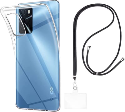 Set met hoesje en nekband voor oppo a16 - Flexibele, transparante TPU-bescherming, verstelbare universele nekband voor mobiele telefoons, zwarte nekband, transparante draagriem van Phonillico®