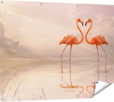 Gards Tuinposter Twee Flamingo's in een Hartjes Vorm - 120x90 cm - Tuindoek - Tuindecoratie - Wanddecoratie buiten - Tuinschilderij