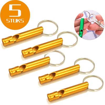 Colorful Sun® Metalen Noodfluit 5 Stuks – Alarmfluit 120 dB met Sleutelhanger – Reddingsfluit voor Outdoor, Wandelen, Camping, Survival & Sport – Hondenfluit – Sport- & Scheidsrechterfluit – Goud
