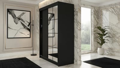 Kledingkast met Schuifdeuren en Spiegel Casa Velluto Lamaro Noir – Moderne Garderobe voor Slaapkamer en Hal – Wardrobe 167x205x59 cm – Zwart – Opbergkast met Laden en Planken