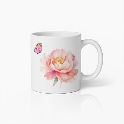 Elegante Bloem & Vlinder Mok – Pastelkleurige Pioenroos Koffiebeker voor Natuur- en Kunstliefhebbers