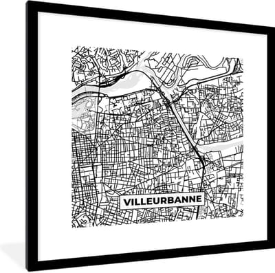 Fotolijst incl. Poster Zwart Wit- Frankrijk Villeurbanne - Stadskaart - Plattegrond - Kaart - Zwart wit - 40x40 cm - Posterlijst