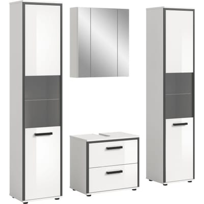 Elegante 4-delige badcombinatie met hoge kasten - Spiegelkast en wastafel - Moderne badkameroplossing