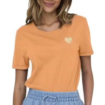 Only oranje dames t-shirt   Ronde hals   Regular fit   Hartjes patroon   Duurzaam   Korte mouw Oranje XS