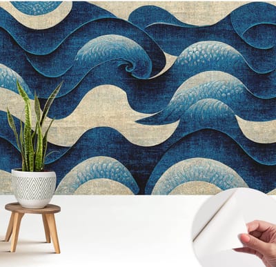 Wallfluent Zelfklevend Behang - Blauwe golven Stickerbehang op rol - 208x146 cm - Marine Zelfklevend Behang - Peel-and-stick techniek - Voor de woonkamer, slaapkamer en kantoor Zelfklevend Behang