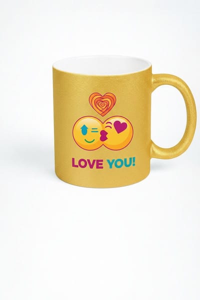 Gouden Glitter Mok met 'Love You!' Emoji Design | Romantische Liefdesmok