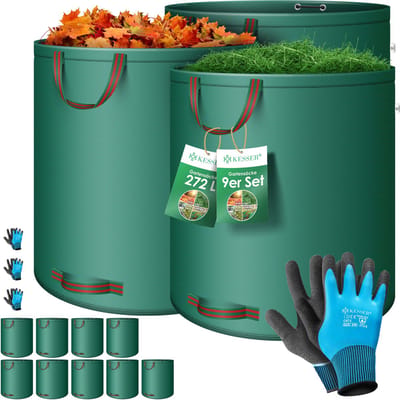 KESSER® Tuinafvalzak Tuinzak Set Bladzak incl. Handschoenen - Zelf Staand 4 Handvatten Stabiel Robuust & Opvouwbaar - Bladzakken Maaisel Tuinzakken voor Tuinafval Groenafval - 9x 272 Liter, Groen