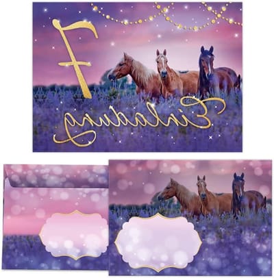 Uitnodigingskaarten Paarden - Verjaardagskaarten Kinderfeest - Feest Organiseren - Voorgedrukte Velden - 10.5 cm x 14.8 cm - Paars