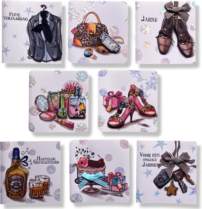 Cards & Crafts 8 Luxe 3D Verjaardag wenskaarten Felicitatie - 13x13,5cm - gevouwen kaart met gekleurde envelop