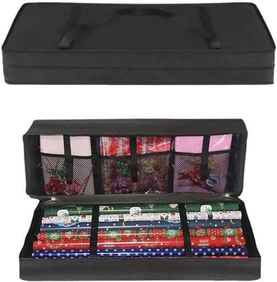 Cadeaupapier Opbergdoos van 600D Oxford Materiaal met 3 Compartimenten voor Kerstpapier en Rolopslag 82 x 34 x 13 cm Zwart