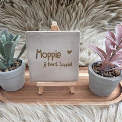 Robuust wenstegeltje – Moppie Jij Bent Toppie – Hip trendy tegeltje – Cadeau voor Nieuwe Woning, Housewarming of Gezinscadeau – Sfeervol en Persoonlijk - Vriend(in) – Trendy nu – Decoratief Tegeltje met Standaard – Cadeau Idee