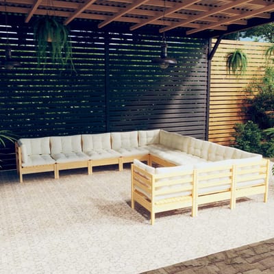 vidaXL - 11-delige - Loungeset - met - crèmekleurige - kussens - grenenhout