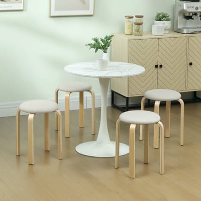 Wishdor - Set Van 4 Stapelbare Eetkamerkrukken - Rond En Ruimtebesparend - Modern Ontwerp - Voor Eethoek Of Woonkamer - Hout Met Zitting Van Stof In Linnenlook - Crèmewit - 40 X 40 X 45 Cm