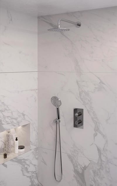 Brauer Chrome Edition thermostatische inbouw regendouche 3-weg omstelling SET 33 met 20 cm douchekop en gebogen muurarm en 3-standen handdouche en doucheslang en wandaansluitbocht chroom