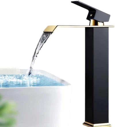 Wastafelkraan Goud & Zwart Waterval Design – Messing Badkamer Kraan, Luxe Wastafelmengkraan met Warm & Koud Water, Design Kraan voor Badkamer Wastafel