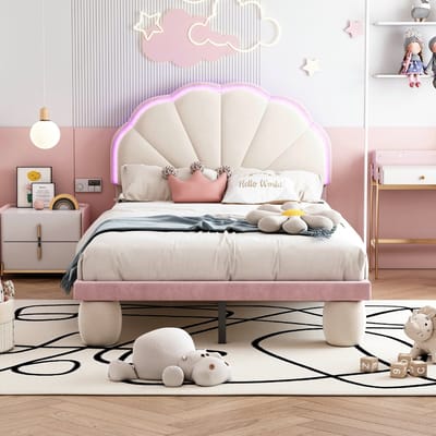 VVBV Gestoffeerd Eenpersoonsbed 90x200 cm - LED-Verlichting, Hoofdbord, Voor Kinderen/Tieners - Hout/Fluweel Beige/Roze