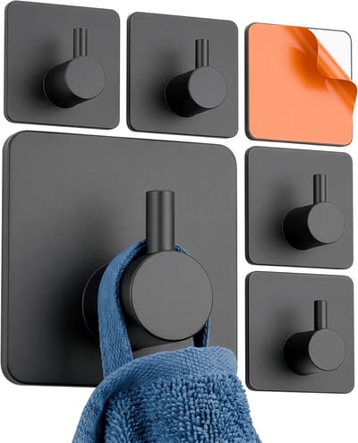 Minismus Handdoekhaakjes Zelfklevend - Set van 6 - Handdoekhouder Zonder Boren - Zwarte Vierkante Haken - RVS - Badkamer Haakjes en Keuken
