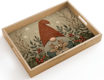Dienblad hout 40x30 cm - Schootdienblad - Kerstgnome - Konijntjes - Kleurrijk - Borrelplank rechthoek - Plateau dienbladen
