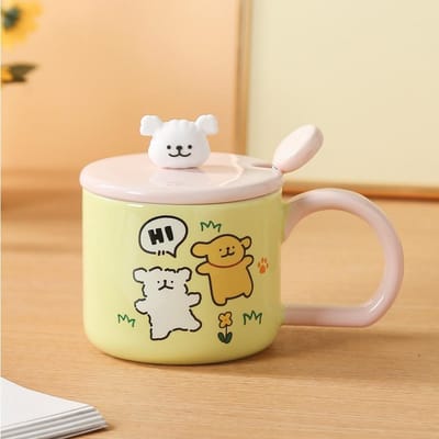 Schattige Puppy Mok Cartoon Keramische Kop met Deksel Hoge Waarde Waterbeker Stel Thuis Grote Capaciteit Ontbijtkop 380ML