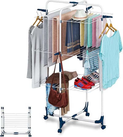 Kledingdroger Toren, opvouwbaar en ruimtebesparend, 3 niveaus, 6 opvouwbare vleugels, oprolbaar en stabiel, mobiele toren kledingdroger, droogrek voor grote gezinnen binnen en buiten, Wit en Blauw