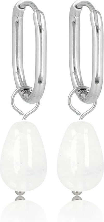 My Bendel - Zilverkleurige Oorbellen met White Quartz Edelsteen - 30 Mm - met Luxe Cadeauverpakking | Sieraden Voor Dames