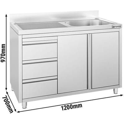 GGM Gastro Spülschrank PREMIUM - 1200x700mm - 3 Schubladen - & 1 Becken rechts Zilver