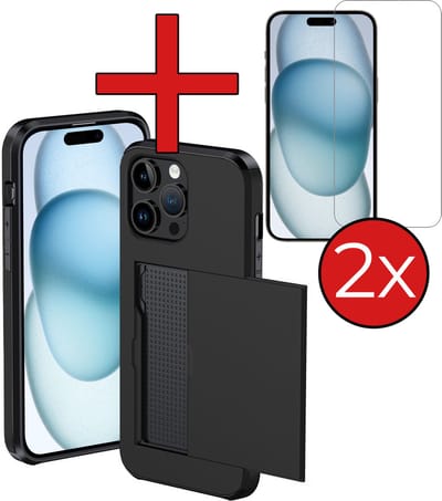 Hoesje Geschikt voor iPhone 15 Pro Hoesje Met Pasjeshouder Hard Case Met Kaarthouder Met 2x Screenprotector - Hoes Geschikt voor iPhone 15 Pro Hoesje Pashouder Case - Zwart