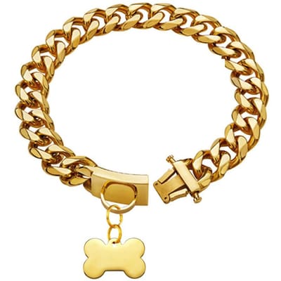 Gouden Hondenhalsband Roestvrij Staal Cubaanse Schakelketting met Bot ID-Tag, Luxe Huisdierketting, Gebruik voor Kleine Middelgrote Grote Honden 16IN(40CM)