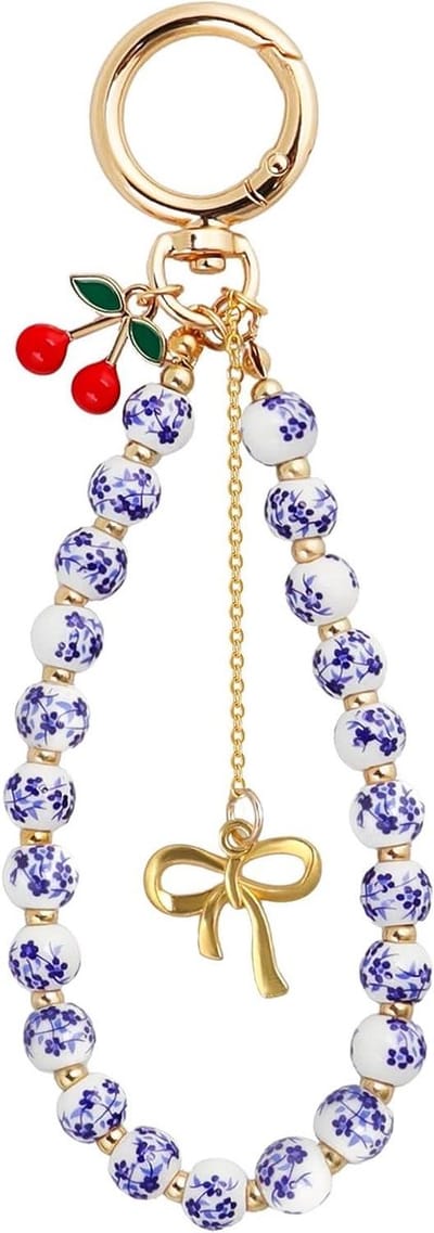 Kirsch Keychain, Mobile Phone Keychain with Bows, Floral Ceramic Pearls, Pocket Pendant, Mobile Phone Beads, Lanyard for Women, Purse, Bag, Charms