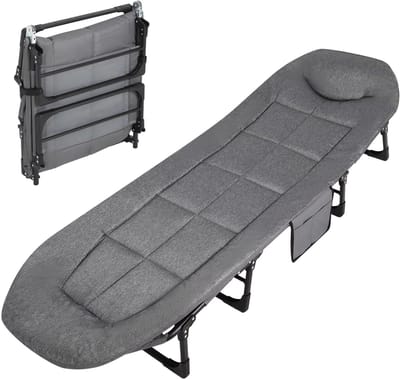 Opklapbaar Veldbed 190 cm - Met Kussen en Hoofdkussen - voor camping en binnen/buiten - Grijs Metaal Frame - Zwart 190 cm
