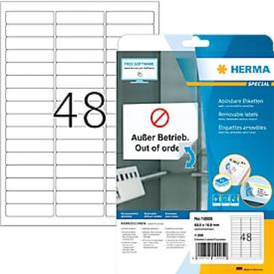 Herma etiketten nr. 10005, 63,5 x 16,9 mm, verwijderbaar, zelfklevend, papier, wit, 1200 stuks