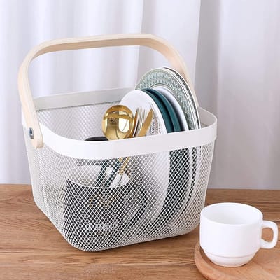 RVS picknickmand fruitmandje boodschappen winkelmandje met houten hengsel (24x24x18cm) wit