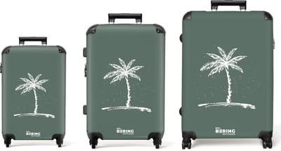NoBoringSuitcases.com® - Kofferset 3 delig - Koffer lichtgewicht - Groen met witte palmboom - Reiskoffer set met 4 wielen - Handbagage trolley - Middelgrote rolkoffer - Ruimbagage koffer - Koffers met TSA slot