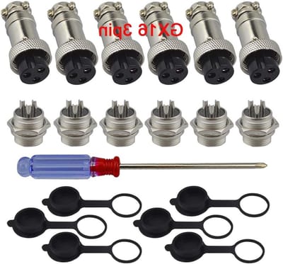 6-delige 3-polige luchtvaartconnector set, 5A 16mm metalen panelen met rubberen dop en schroevendraaier, ideaal voor elektrische verbindingen en hobbyprojecten