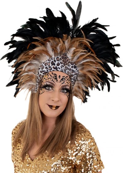 KIMU® Grote Verentooi Bruin Panterprint - Burlesque Hoofdtooi Carnaval Rio De Janeiro - Veren Tooi Zomercarnaval - Afrikaanse Luipaardprint Afrika Stam Festival