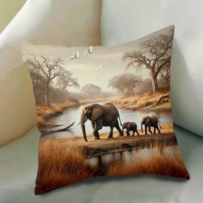 Olifantenfamilie Kussenhoes, Afrikaans Safari Landschap Kussensloop, Wildleven Landschap Huisdecoratie, Bank Sierkussen 50x50cm