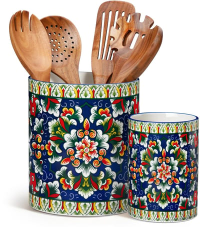 Dailygoods- Gebruikersvoorwerpenhouder - 2-delige Keukengereihouder - Hoogwaardig Keramiek - Groene Edelsteendesign - 18,6 cm Reservoir - Stijlvolle Accenten