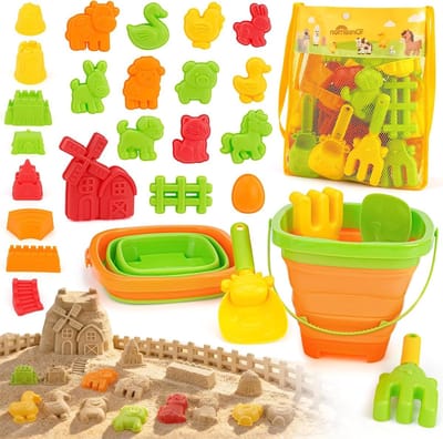 Zandspeelgoed set - Strandspeelgoed kinderen - Buiten spelen - Met opvouwbare emmers - 29-delig - Veelkleurig