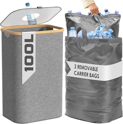 PromoHome Keuken Afvalbak met 2 XXL Draagtassen - 100 Liter Grijze Afvalemmer voor Recyclen en Afvalscheiding - Opvouwbare Prullenbak voor Statiegeldflessen en Glas