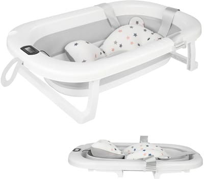 PIPIPOXER- Opvouwbaar babybadje met digitale thermometer en kussen geschikt voor baby's van 0 tot 36 maanden Grijs