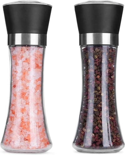Pepermolen-kruidenset- roze zout- en pepermolen met instelbare grofheid-glazen shakers-geen zout-peper inbegrepen -2 stuks-200 ml