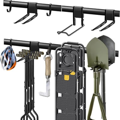 Duurzame Wandbeugel voor Tuingereedschap en Sportuitrusting met 5 Haakjes en 2 Rails van 43 cm voor Efficiënte Opslag in de Garage
