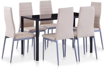 Moderne 7-delige Eetkamerset met Gehard Glazen Tafel en 6 Cappuccino Stoelen