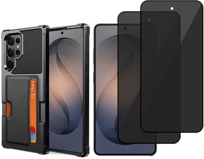 Pasjes Houder Hoesje & 2x Privacy Screenprotector geschikt voor Samsung Galaxy S26 Ultra Hoesje Screenprotector - Gehard Glas Cover Privé + Heavy Duty Case - Magnetisch Portemonnee Hoesje Cover - Zwart
