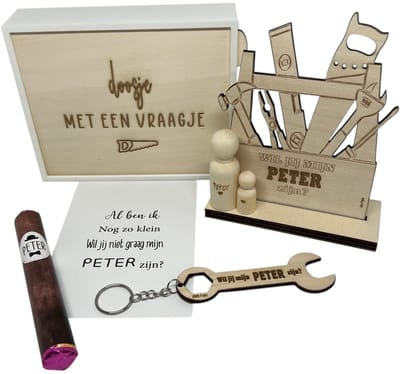 Geschenkbox Wil jij mijn PETER zijn? | roze | gereedschap | sleutelhanger | peter vragen | meter worden | peetoom vragen | peetoom worden | cadeau | doosje met een vraag