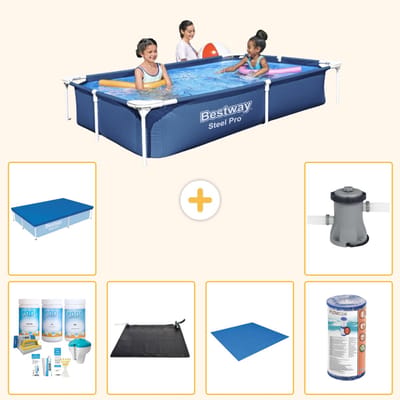 Bestway Rechthoekig Steel Pro Zwembad - 221 x 150 x 43 cm - Blauw - Inclusief Onderhoudspakket - Solar Mat - Grondzeil - Filter - Afdekzeil - Zwembadfilterpomp - 7-delig