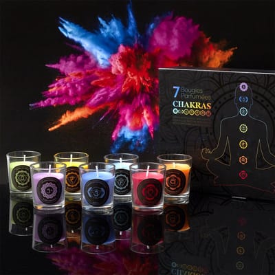 Chakra Geurkaarsen Set – 7 Meditatiekaarsen in Geschenkdoos – Geurkaarsen voor Yoga, Mindfulness en Ontspanning – Spiritueel Cadeau – Meerkleurig