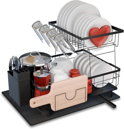 Afdruiprek met Lekbak - Afwasrek Keuken - Keuken Ordenen - 2 Etages Rotatie - 43x33x18.5 cm - Zwart