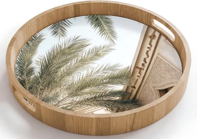 Dienblad rond 40x40 cm - Schootdienblad hout - Gebouw - Palmbomen - Beige - Zon - Borrelplank rechthoek - Plateau houten dienbladen