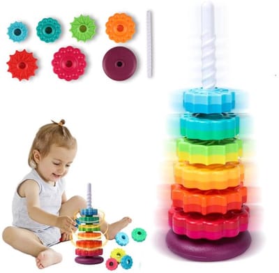 Baby Montessori Speelgoed - Regenboog Draaiende Stapeltoren - Fijne Motoriek & Hand-oogcoördinatie - Sensorisch Speelgoed - Babyspeelgoed - Speelgoed 1 Jaar